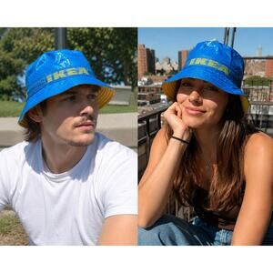 IKEA Knorva Blue Bucket Hat Yellow Lining Logo Band Festival Rain Hat